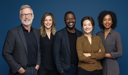 Diverse professionals in business casual attire smiling together against blue background, showcasing teamwork and modern workplace diversity