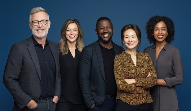 Diverse professionals in business casual attire smiling together against blue background, showcasing teamwork and modern workplace diversity