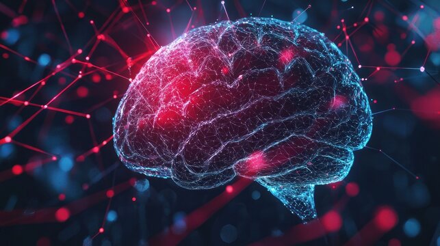 A human brain with glowing red and blue lights against a dark background. The concept of neural connections and cognitive functions is highlighted.