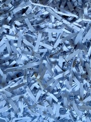 Close-up of a pile of shredded paper strips with fragments of printed text. The image shows a chaotic, textured surface made of destroyed documents, symbolizing data destruction or privacy protection.