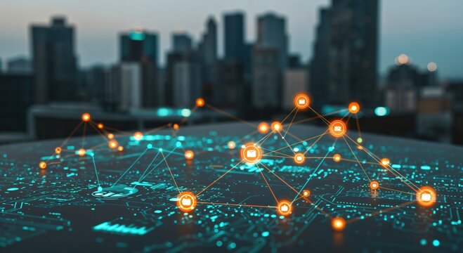 Digital communication network with glowing data connections. Abstract technology concept of a smart city and information exchange over a futuristic urban landscape.