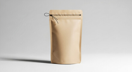 A tall slender kraft paper pouch stands upright against a plain light gray backdrop The pouch features a resealable zipper closure at the top and a small metal ring attached
