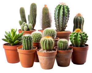 Assortment of potted cacti and succulents with varied shapes and textures isolated on a transparent background