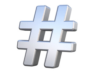 Fototapeta premium 3D Metallic Silver Hashtag Symbol with Reflective Surface, Angled Perspective, isolated