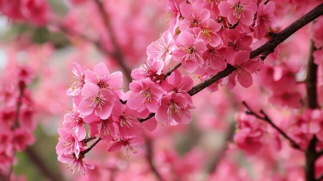 A close-up of a pink cherry blossom branch with delicate pink flowers and green leaves against a blurred background.