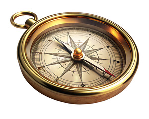 Antique brass compass with detailed nautical rose and red tipped needle isolated on a transparent background