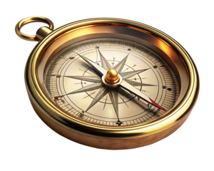 Antique brass compass with detailed nautical rose and red tipped needle isolated on a transparent background