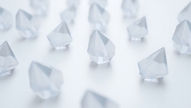 Scattered clear geometric crystal shards on white surface