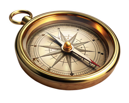 Antique brass compass with detailed nautical rose and red tipped needle isolated on a transparent background