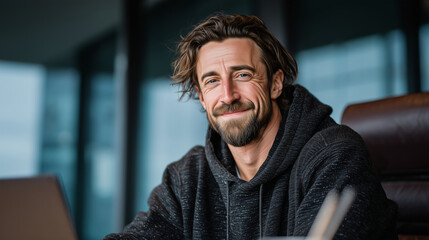 Obraz premium A man with a beard and a black hoodie is smiling at the camera. He is sitting in front of a laptop