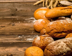 Breads arranged on a rustic wooden table