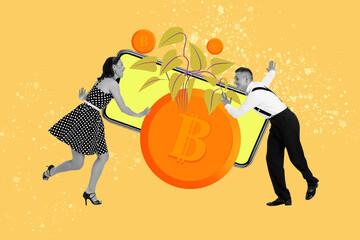 Full image poster banner collage of happy businessman businesswoman miner stand phone device bitcoin coin income capital