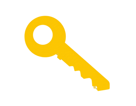 Flat Yellow Key Icon with Circular Head, Front View, isolated on transparent background