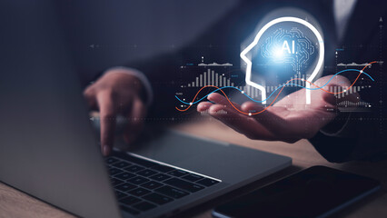 Artificial intelligence trading assistant chat bot for financial market analysis with holographic data charts on laptop, enabling smart investment strategy and digital business solutions.