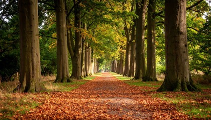 Avenue of trees with golden autumn leaves, serene natural scenery