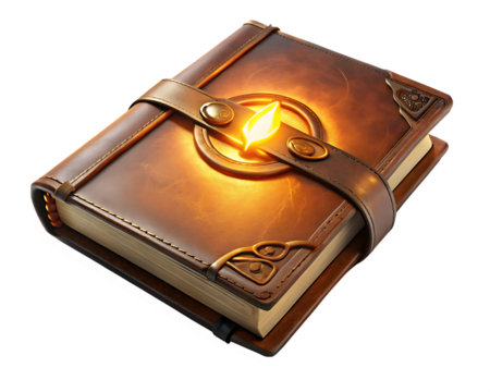 Closed antique leather spellbook with glowing magical symbol and strap isolated on a transparent background - Powered by Adobe