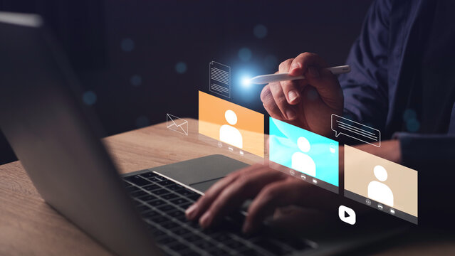 Startup life business at home with digital hologram interface on laptop for remote collaboration. E-learning or online learning, virtual workspace, virtual meeting, creative workspace. - Powered by Adobe