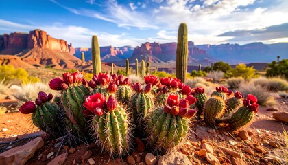 Blooming cacti create a vibrant contrast in the arid desert landscape