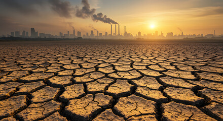 Dystopian landscape with cracked earth from drought and a polluting industrial city skyline at sunset, a concept of climate change.