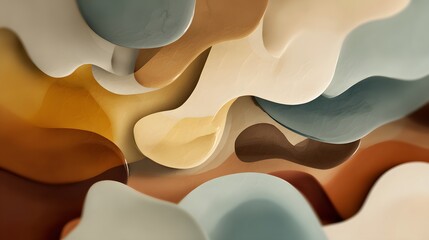 Abstract liquid shapes in soothing earth tones with soft drop shadows 