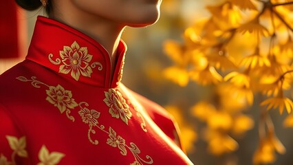 Golden chrysanthemum embroidery on ruby-red qipao, celebrating tradition in golden light.
