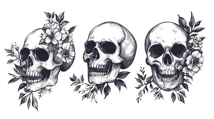 Artistic skull illustrations with floral accents digital art dark aesthetic black and white close-up view
