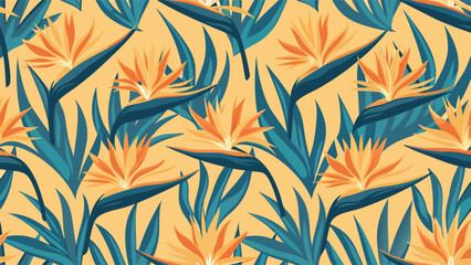 Seamless pattern featuring bird of paradise flowers and leaves against a light yellow background