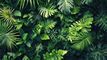 Fototapeta premium A vibrant tropical jungle with lush green leaves and a variety of exotic plants.