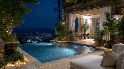 Fototapeta premium Enchanting Infinity Pool with Fairy Light Border and Stone Retreat