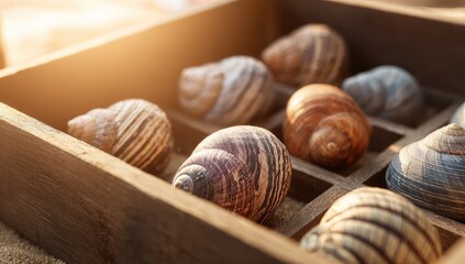 Wooden box filled with various seashells