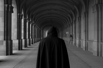 Naklejka premium Mysterious figure in black cloak walks through long arched hallway, anticipation and suspense