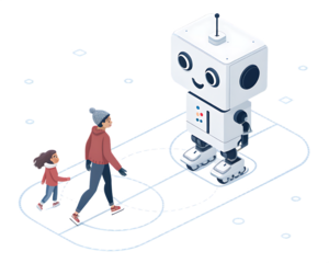 Friendly white robot with children on ice rink with geometric shapes isolated on a transparent background