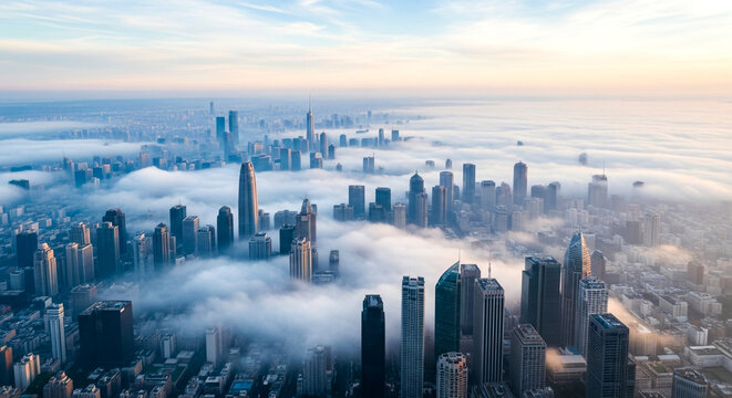 Majestic cityscape emerges from ethereal fog at sunrise offering a breathtaking aerial view - Powered by Adobe
