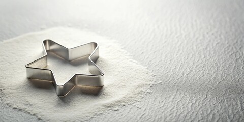 A metallic star-shaped cookie cutter rests gently on a mound of baking flour, ready for the creation of sweet treats