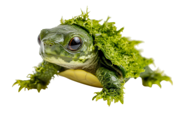 A vibrant green turtle adorned with seaweed, showcasing nature's unique blend of life and color.