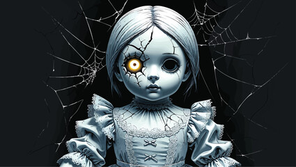 Creepy Porcelain Doll: Haunted Vintage Doll with Cracked Face and Glowing Eyes
