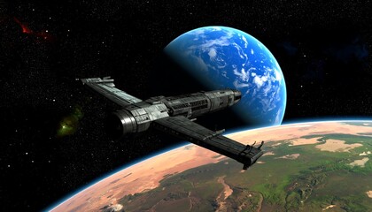 Futuristic Spaceship Flying Above Earth with a Blue Planet in the Background