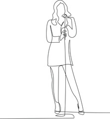 Female Performer Singing on Stage. Continuous Line Art Music Illustration