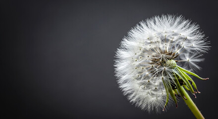 A single fully bloomed dandelion seed head is captured in sharp focus Its intricate white filaments are poised to scatter in the wind creating a sense of fragility and natural beauty