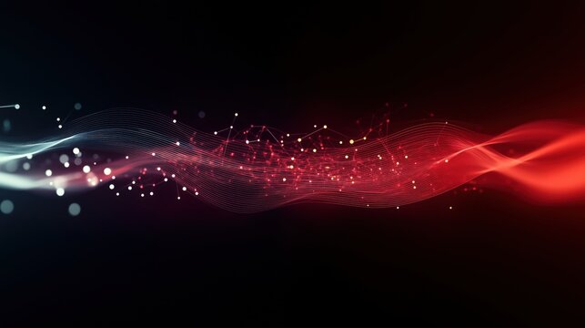 Futuristic wave in red, white with digital nodes. Modern 2000s style, neon, glow effect. Digital art, technology visuals, web headers.
