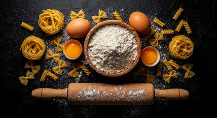 A top-down view showcases raw pasta eggs flour in a bowl and a rolling pin suggesting the process of making fresh pasta from scratch