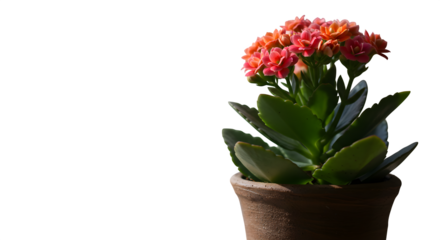 Isolated pink Kalanchoe blooms in clay pot. Soft lighting presents clean studio shot for product photography, cards, or posters.