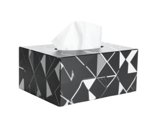 Modern Rectangular Tissue Box with Bold Black and White Geometric Pattern, Front View, isolated on white background