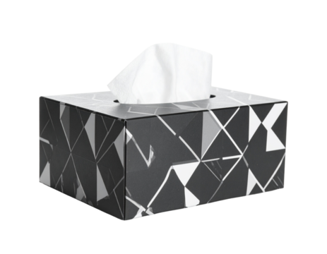 Modern Rectangular Tissue Box with Bold Black and White Geometric Pattern, Front View, isolated on white background