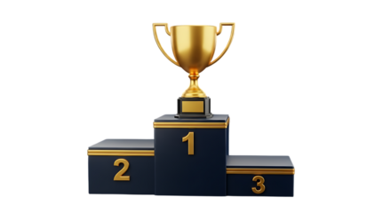Winner podium with gold trophy cup. Award pedestal for first, second, third place. Champions platform of competition for victory ceremony. Cartoon 3d illustration