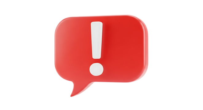 Attention exclamation mark in red speech bubble. 3d icon illustration isolated on transparent background.