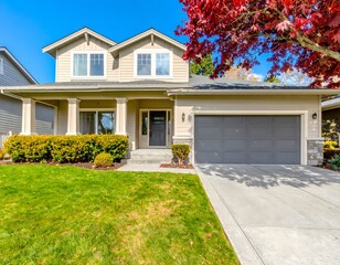 A classic two-story suburban home with tan siding and a grey roof, featuring a two-car garage and a walkway leading to the front door.