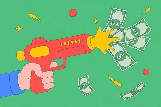 Dynamic illustration of a money gun shooting dollar bills, representing financial success and wealth