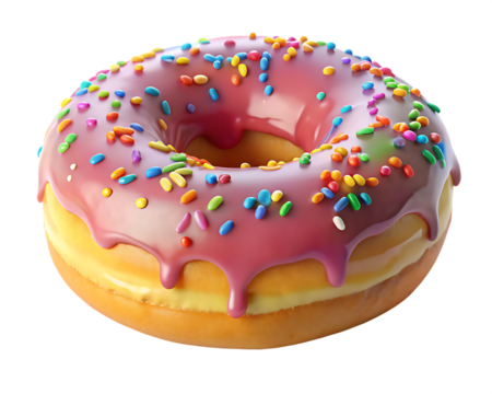 Glossy pink frosted donut with colorful sprinkles and yellow cake isolated on a transparent background