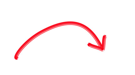 Hand drawn red curved arrow pointing down right for highlights, directions, and creative graphic design elements on transparent background
